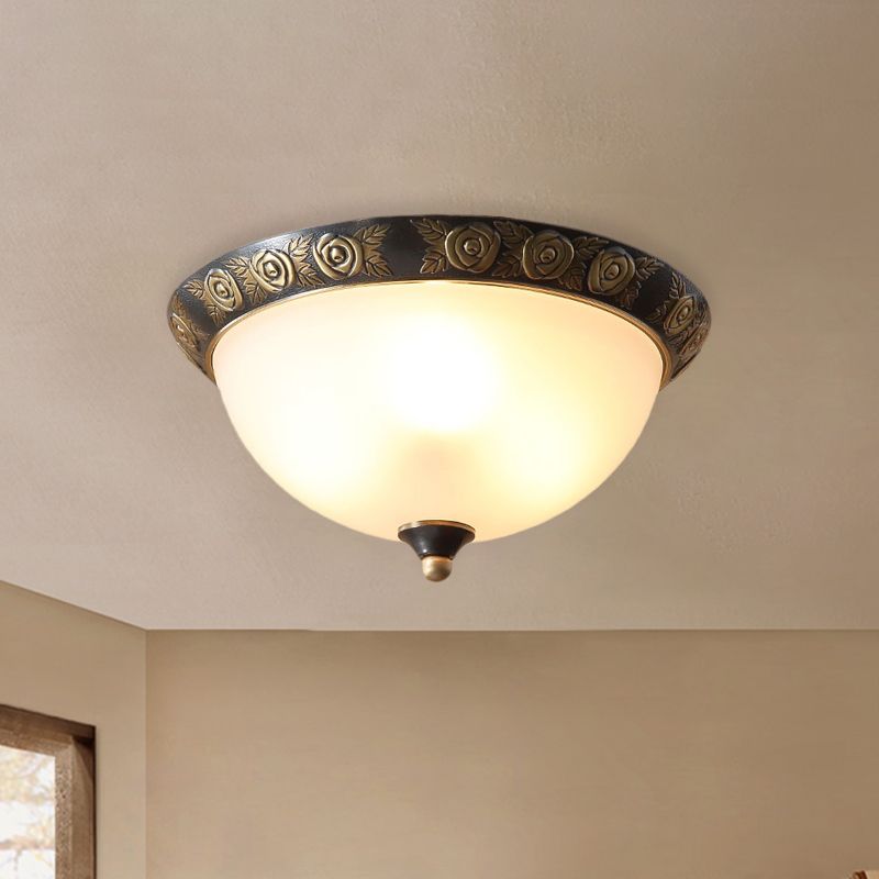 Milk Glass Black Ceiling Lamp Dome Shade 3-Head Traditional Flush Mount with Leaf/Flower Trim
