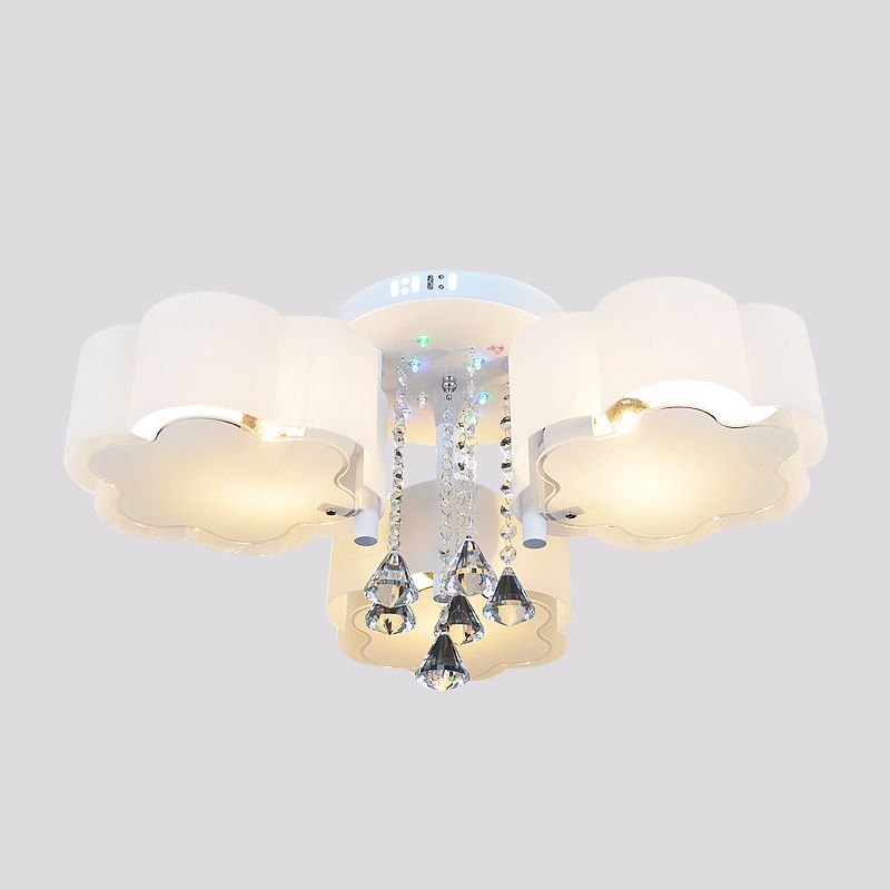 Contemporary Bloom Flush Mount Lamp 3/5 Heads White Glass Flush Light with Crystal Draping
