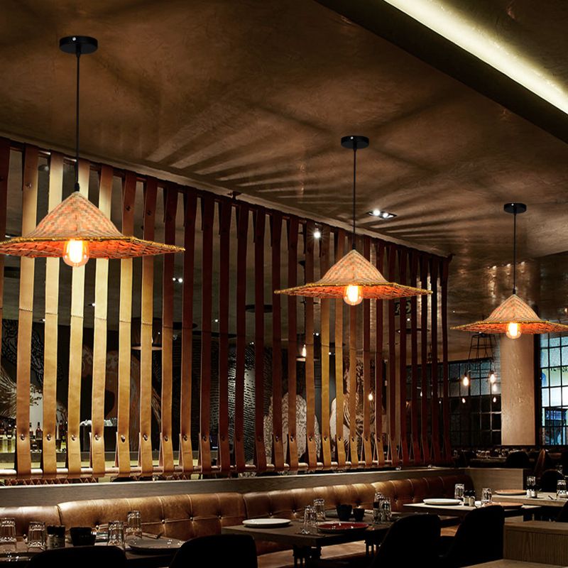 Asian Inspired Farmers Hat Pendant Bamboo Woven 1 Head Diner Ceiling Lamp in Wood