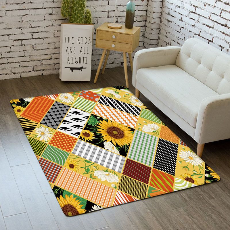Black Modern Carpet Polyester Flowers Carpet Washable Carpet for Living Room