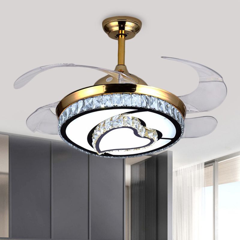 4 Blades LED Round Pendant Fan Lamp Contemporary Gold Finish Clear Crystals Semi Flush Light with Heart Design, 42" Wide