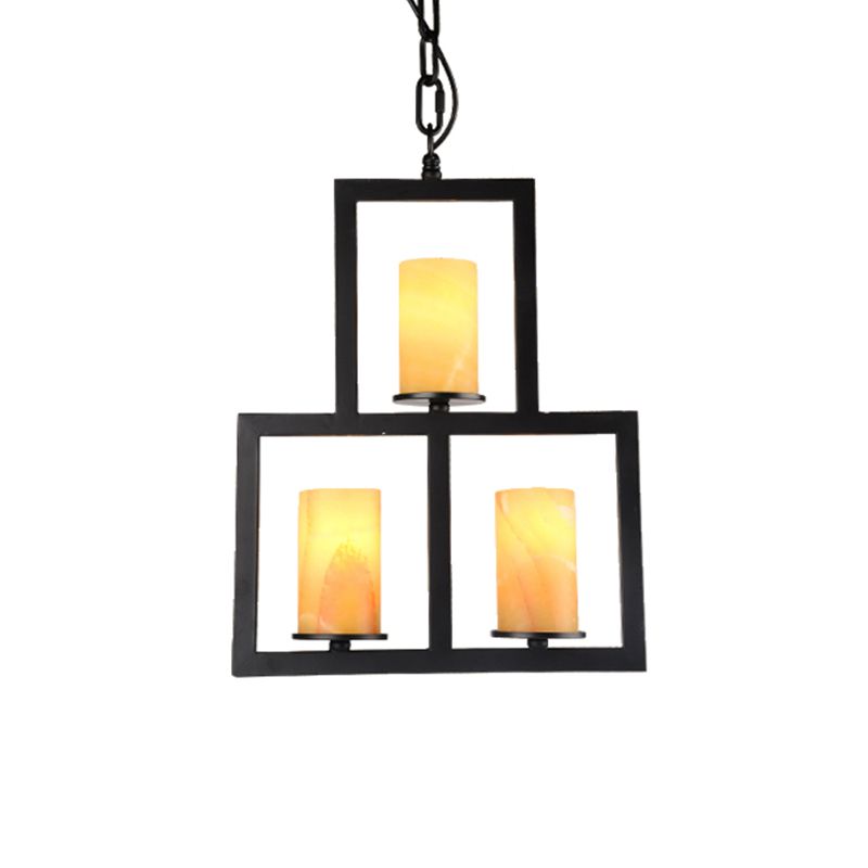 Yellow Dolomite Black Finish Chandelier Lamp Cylinder 3-Light Country Hanging Lighting with 3-Rectangle Frame