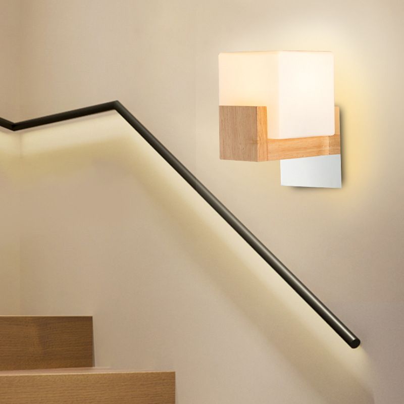 Modern Style Square Shade Wall Light Wood 1 Light Sconces for Bedroom