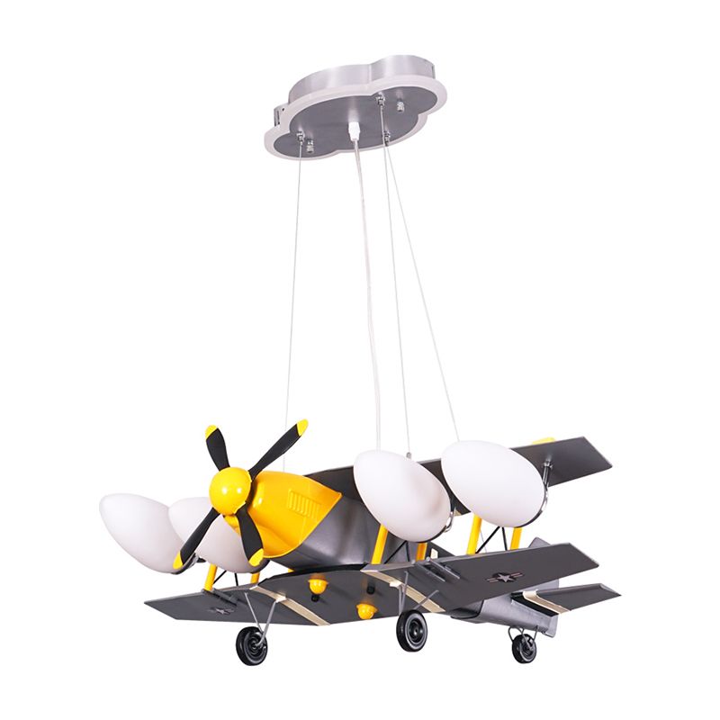 Airplane Boys Room Hanging Light Metal 4-Head Kids Chandelier Lamp with Milk Glass Shade in Black-Yellow