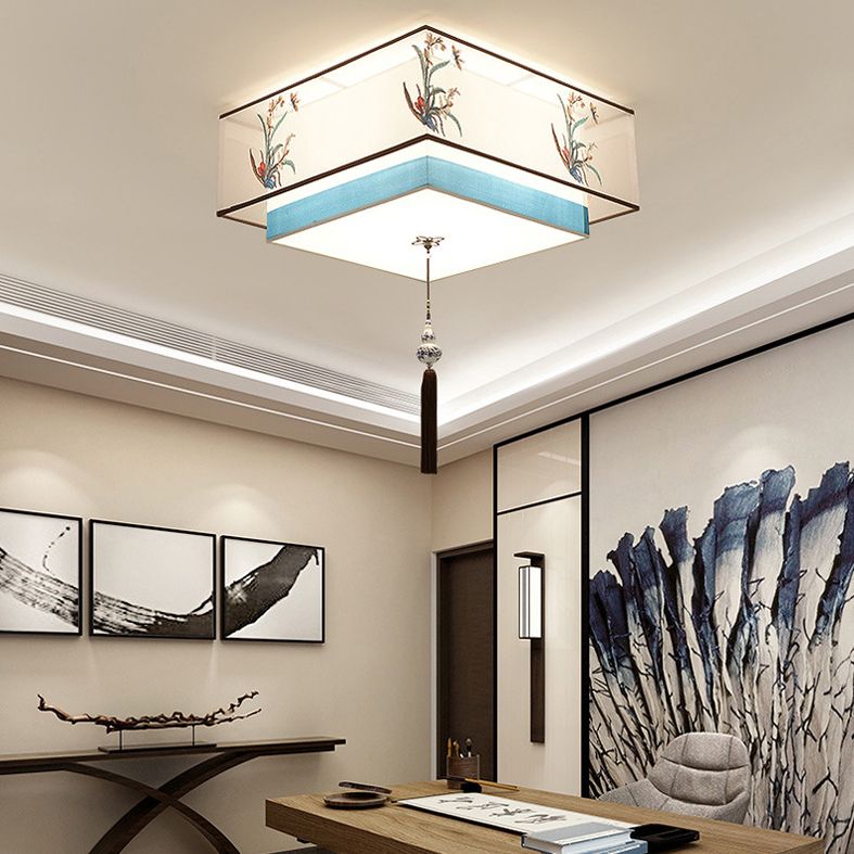 Geometric Wrought Iron Ceiling Light in Traditional Simplicity Fabrics Indoor Flush Mount with Ceramic Flower Decoration