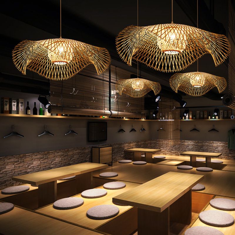 Beige Asia Pendulum Light Rattan 1-Light Hanging Ceiling Light for Dining Room