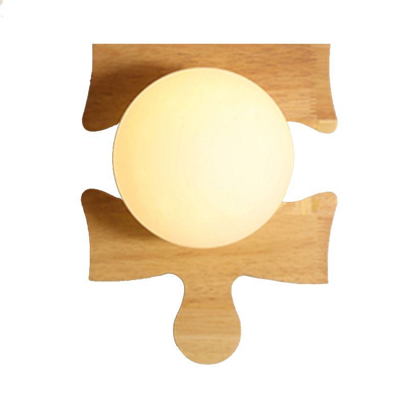 Japanese Style Orb Wall Light with Wooden Puzzle Base Glass 1 Light Beige Sconce Lamp for Corridor Kitchen