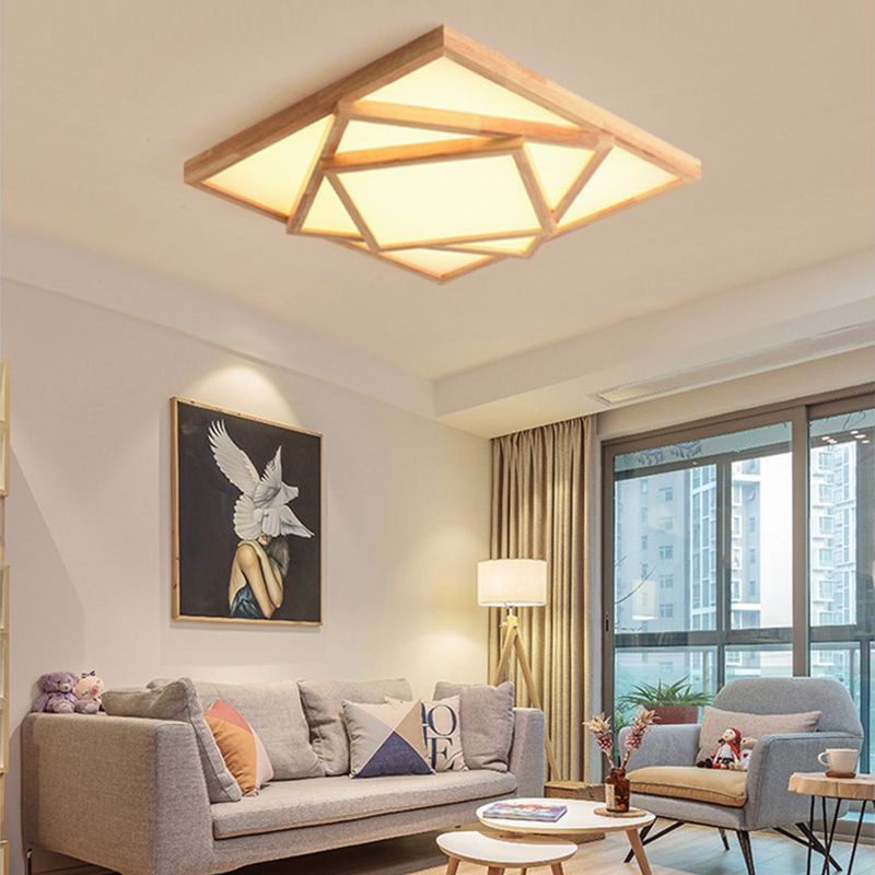 19"/25"/31.5" Wide Square Ceiling Light Minimalist Wood Beige LED Flush Mount Lamp in White/Warm/Natural Light