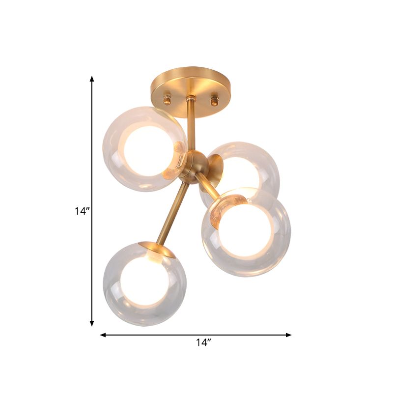 Branching Semi Flush Ceiling Light Postmodernist Transparent Glass 4-Light Bedroom Flush Mount Fixture in Brass