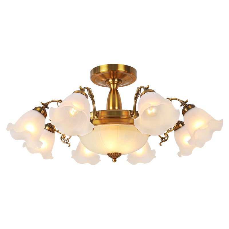 Traditional Metal Semi Flush Lamp Bedroom Ceiling Lighting with Flower Glass Shade