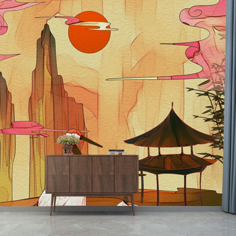 Chinese Halcyon Lake Scene Mural Yellow-Brown Moisture Resistant Wall Art for Tearoom