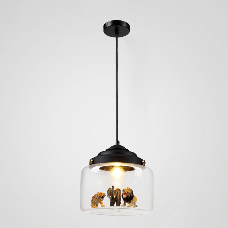 Suspension en verre transparent cylindrique en verre transparent des animaux de dessin animé moderne lampe pour la chambre à coucher pour les enfants (les animaux sont expédiés au hasard)