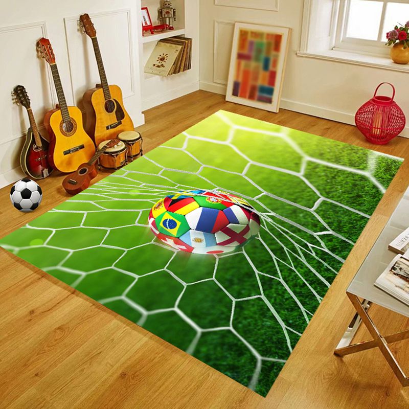 Green Living Room Rug Soccer Field Pattern Polyester Area Carpet Non-Slip Backing Area Rug