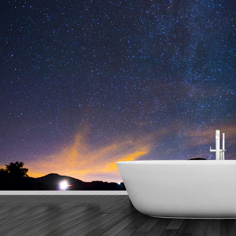 Modern Art Sky Wallpaper Mural Blue-Yellow Starry Night Wall Covering for Bedroom