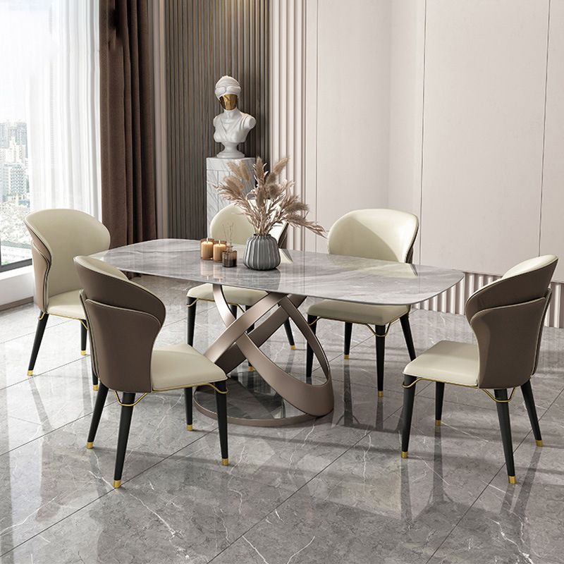 Glossy Gray Dinette Table with Metal Base Traditional Luxury Dining Table for Home