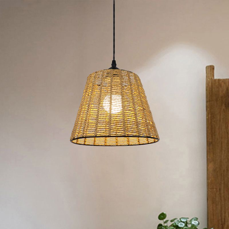 Bucket Hanging Light Fixture Modern Woven Rattan 1-Light Indoor Pendant Lamp in Beige