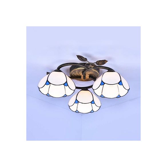 Geometric Ceiling Light Fixture with Pattern Tiffany Stained Glass 3 Lights Flushmount Ceiling Light in Bronze