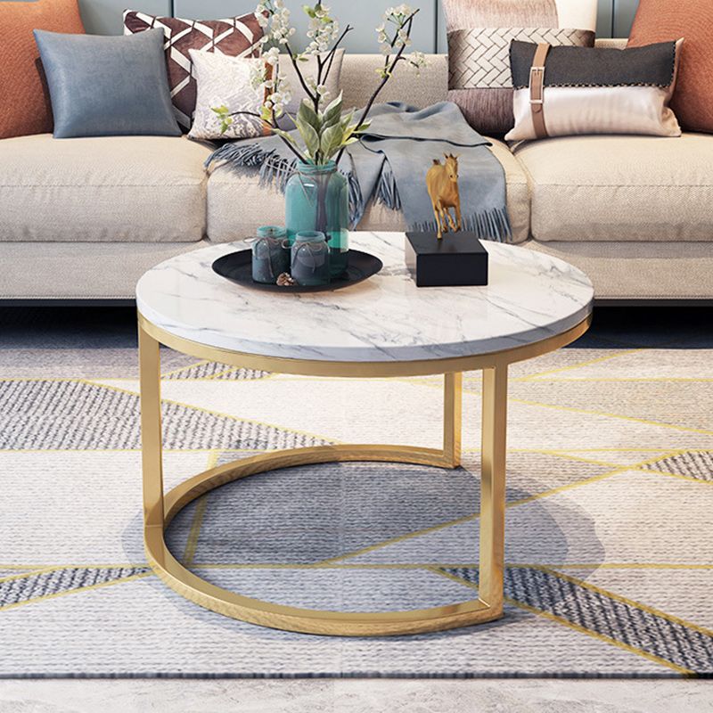 White Glam Pedestal Base Coffee Table with Stone Top and Metal Base