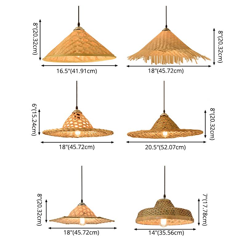 Straw Hat Suspension Lighting Asian Bamboo 1 Bulb Beige Ceiling Pendant for Restaurant