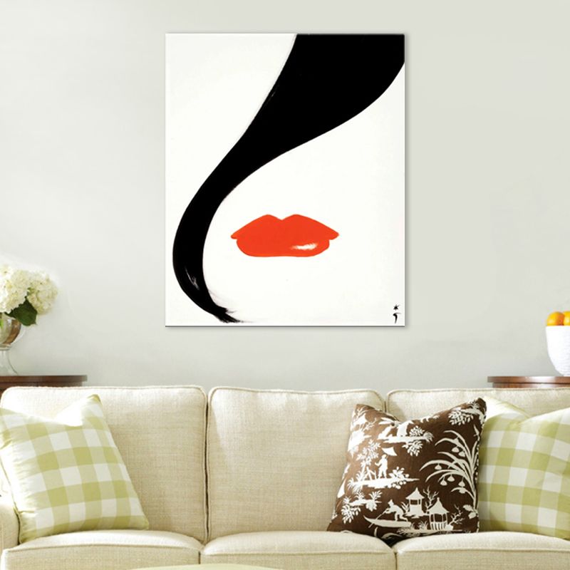 Red Lip Art Print Fashion Woman Drawing Minimalist Textured Canvas on White for Room
