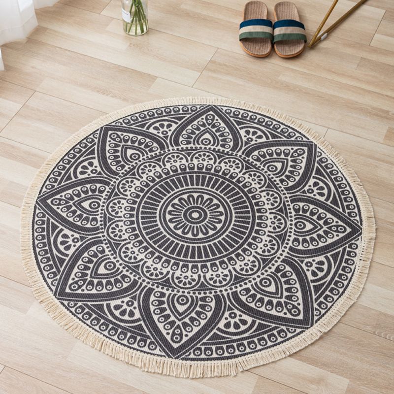 Bohemian Round Carpet Americana Pattern Indoor Rug Cotton Blend Fringe Area Rug for Home Decor