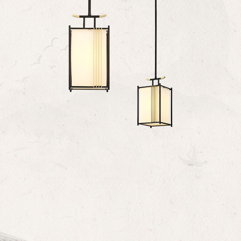 Rectangle Fabric Shade Pendant Hanging Lamp Chinese Style 1 Light Bedroom Hanging Ceiling Light