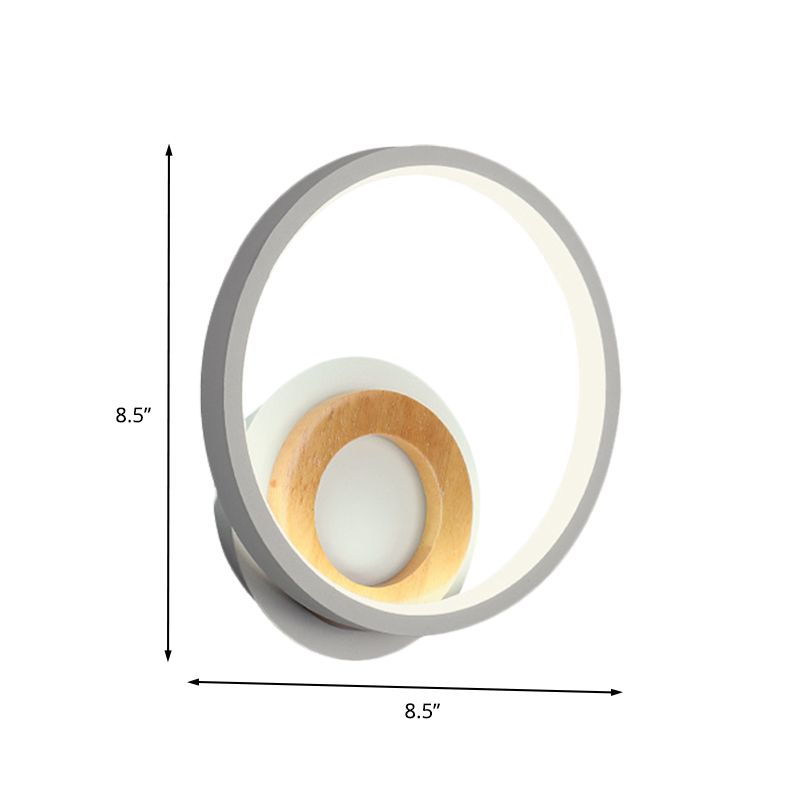 Modernist Ring Wall Sconce Acrylic LED Bedside Wall Mount Fixture in White with Wood Detail, White/Warm Light