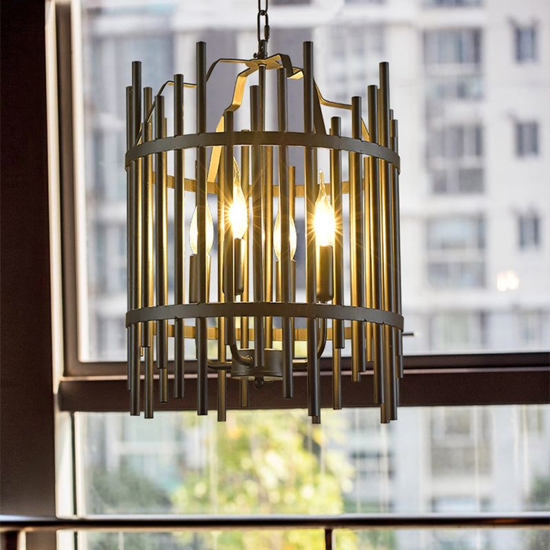 Strapped Cage Metal Chandelier Light Traditional 4 Lights Dining Room Pendant Lighting