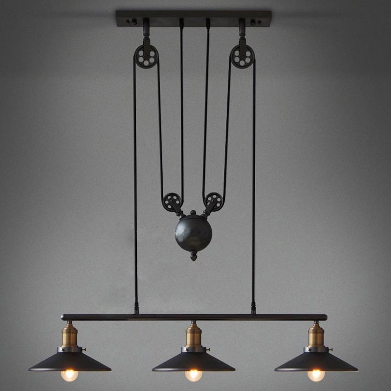 Wrought Iron Black Island Pendant Light in Industrial Simplicity Pulley Pendant Light for Dining Room