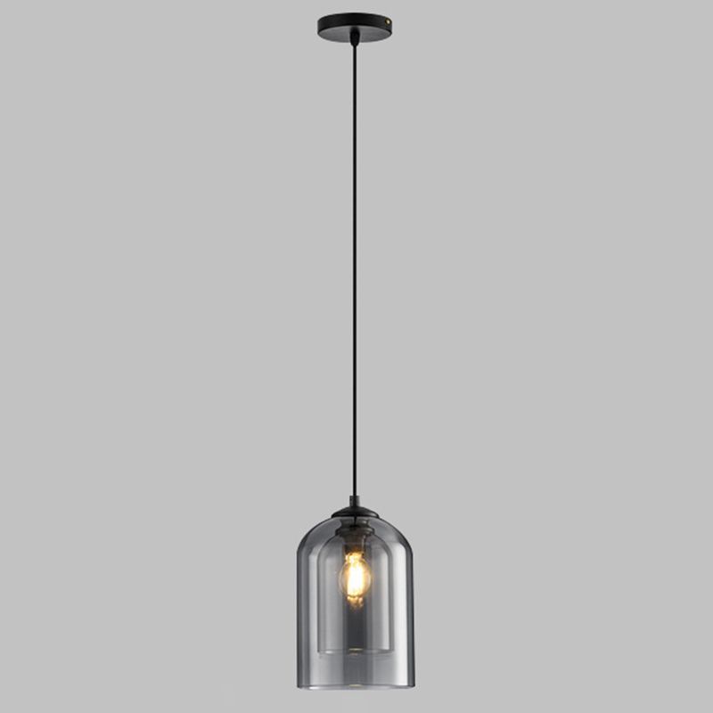 Wrought Iron Single Pendant Light in Modern Simplicity Glass Cylindrical Hanging Light for Bedroom