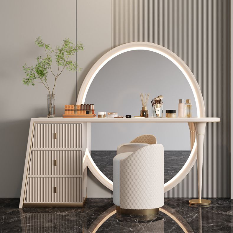 Glam Slate Makeup Dressing Table Stool Set in Beige with 57" Tall Mirror
