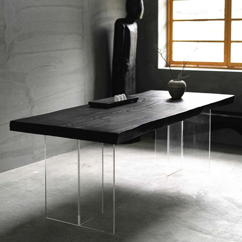 Pine Wood Top Dining Table Contemporary Rectangle Dining Table with Double Pedestal Base