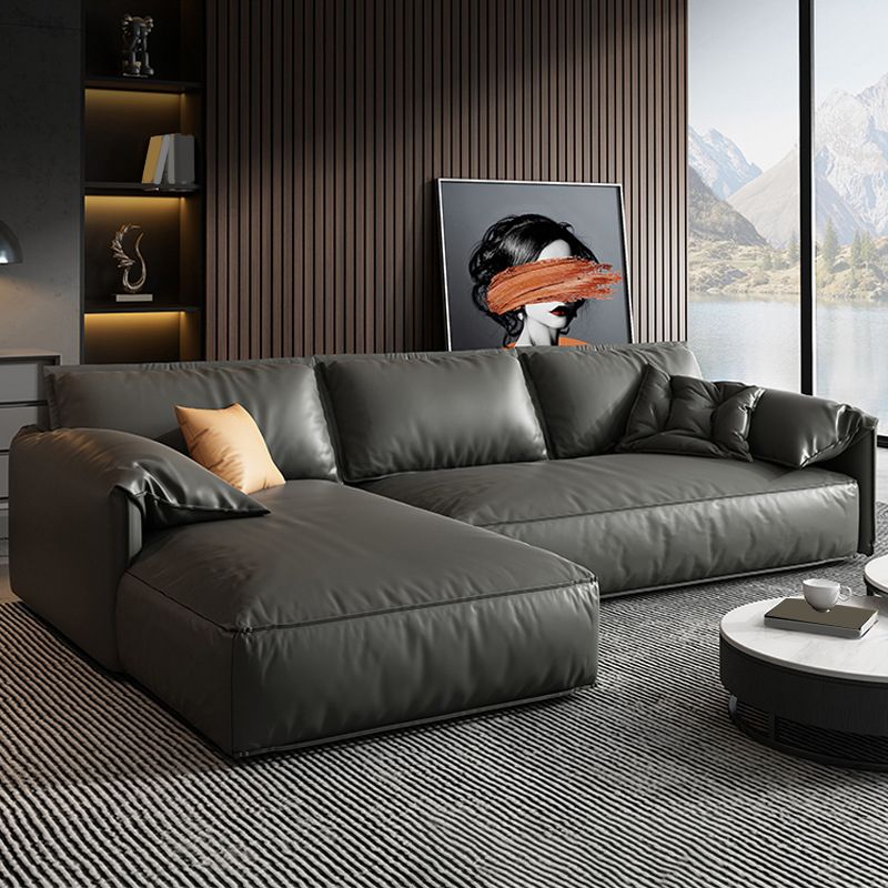 Black Genuine Leather Cushion Back Sectionals 70" Wood Stationary Sectionals