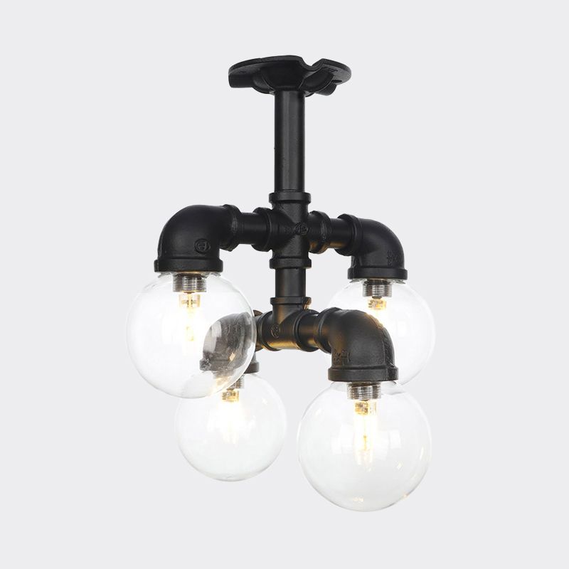 Black 4/5/6-Head Semi Flushmount Antiqued Clear Glass Ball LED Close to Ceiling Lighting