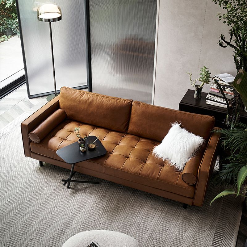 Brown Leather Settee Couch Square Arm Standard Bench Seating