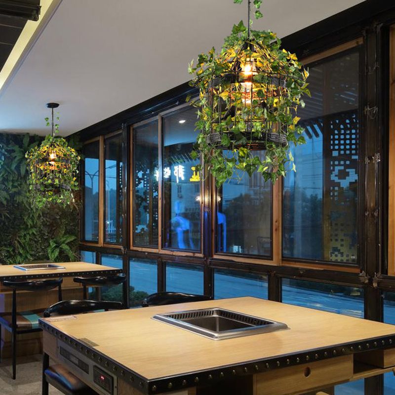 1 tête de suspension en métal lampe industrielle Black Birdcage Pending Lighting Ayémorrat avec déco de feuille pour salle à manger