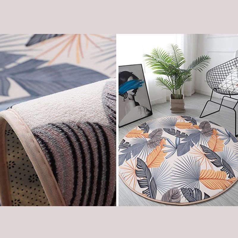 Round Color Mixed Tropical Indoor Rug Polyester Leaves Print Rug Non-Slip Backing Indoor Rug for Living Room