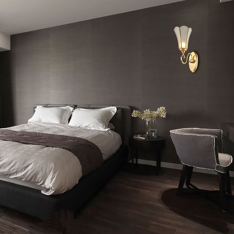 Floral Living Room Wall Lamp Traditional Metal 1 Head Brass Wall Mounted Light with White Bevel Glass Shade