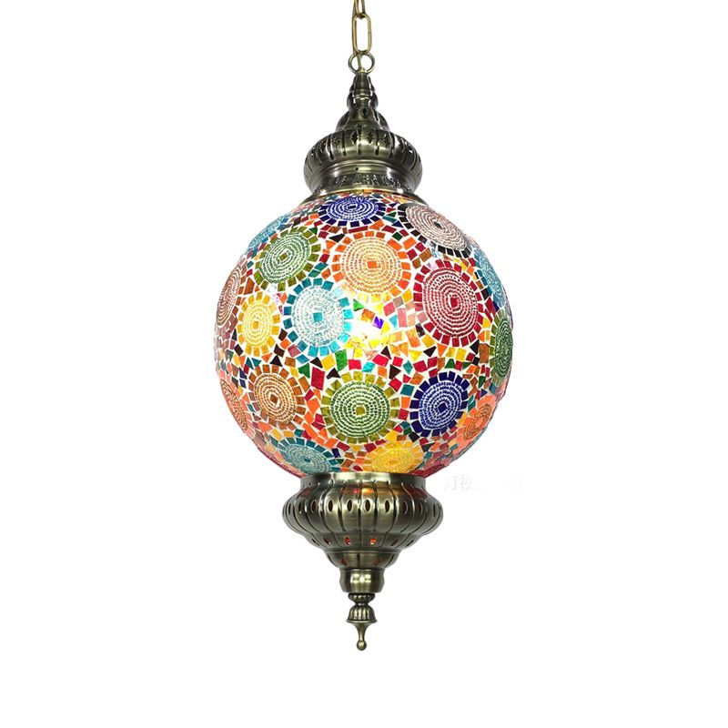 Vintage Orb Ceiling Suspension Lamp 1 Head Stained Glass Hanging Pendant Light in Red/Yellow/Blue