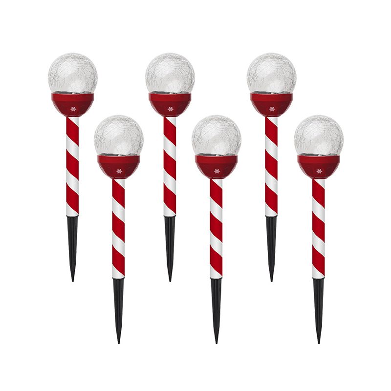 6 Pcs Globe Shaped Crackle Glass LED Stake Light Modern Red-White Solar Lawn Lighting for Garden