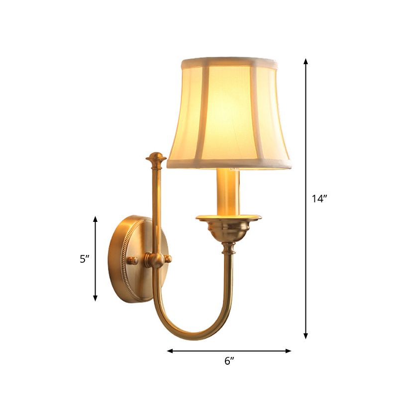 Flared Living Room Wall Lighting Antiqued Fabric 1 Bulb Gold Wall Mounted Lamp with U Shaped Arm