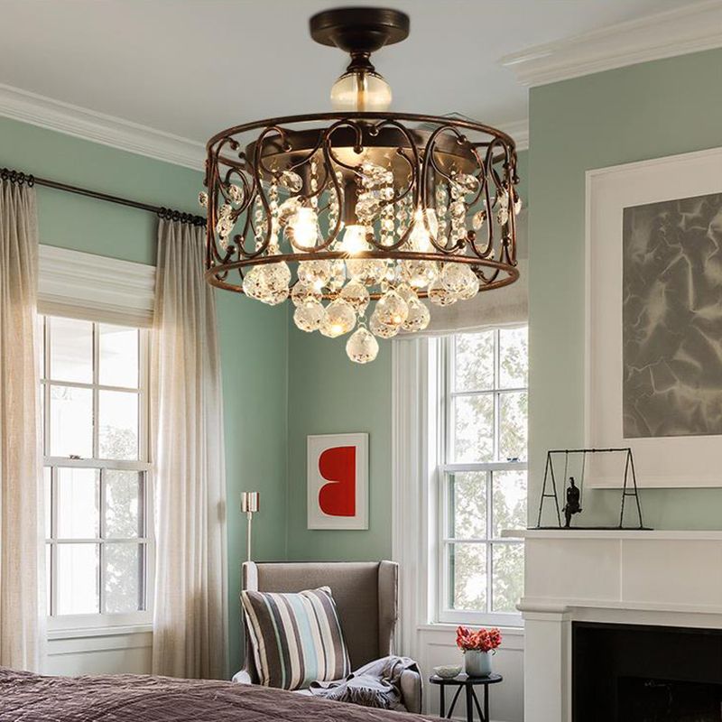 Drum Metal Ceiling Light Fixture Industrial 3 Bulbs Antique Copper Semi Flush Mount Lighting with Dropped Crystal Ball