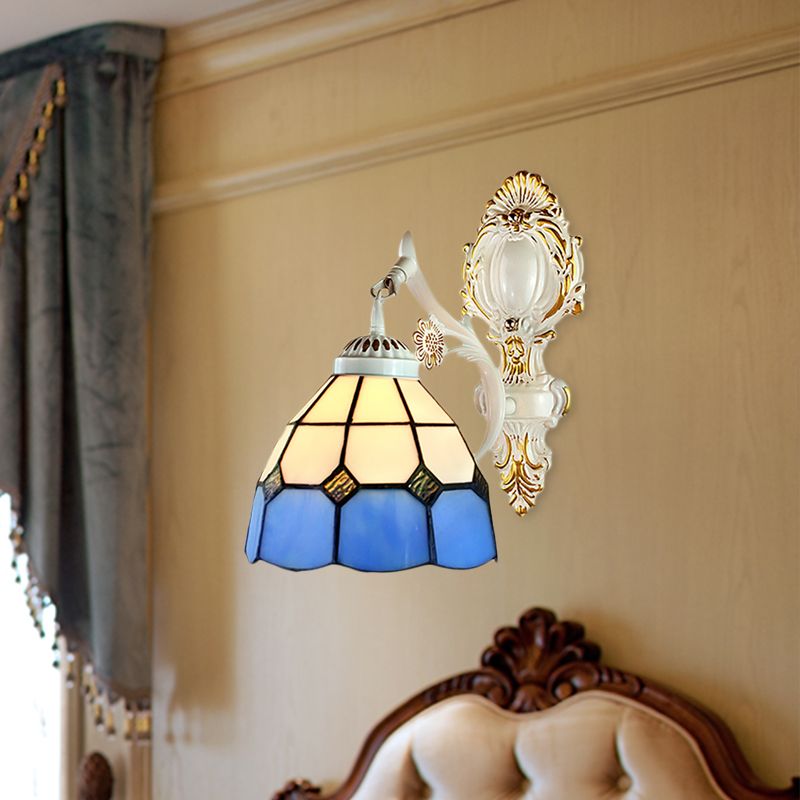 1 Light Dome-Shaped Wall Lighting Retro Style Stained Glass Wall Sconce in White Finish for Foyer