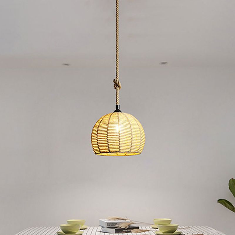 Black/Brown 1-Light Pendant Lamp Rural Hemp Rope Half-Globe Ceiling Hang Light over Dining Table, 10"/12" Wide