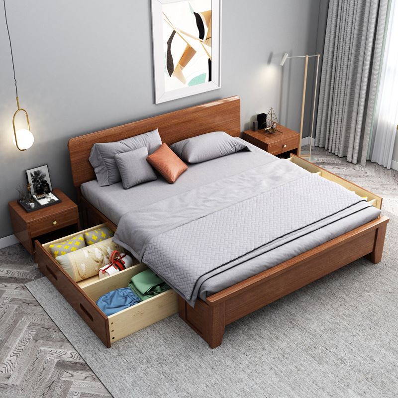 Queen Bed 43.3 Inch High Walnut Panel Bed in Brone with 4 Legs
