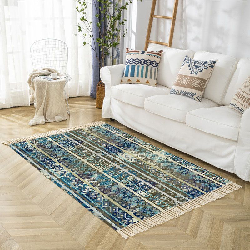Beige Bohemian Rug Cotton Blended Graphic Rug Washable Rug for Bedroom