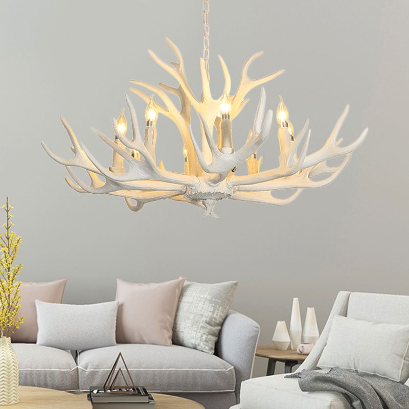 Traditional Candelabra Hanging Pendant 8 Lights Resin Ceiling Chandelier in White for Living Room