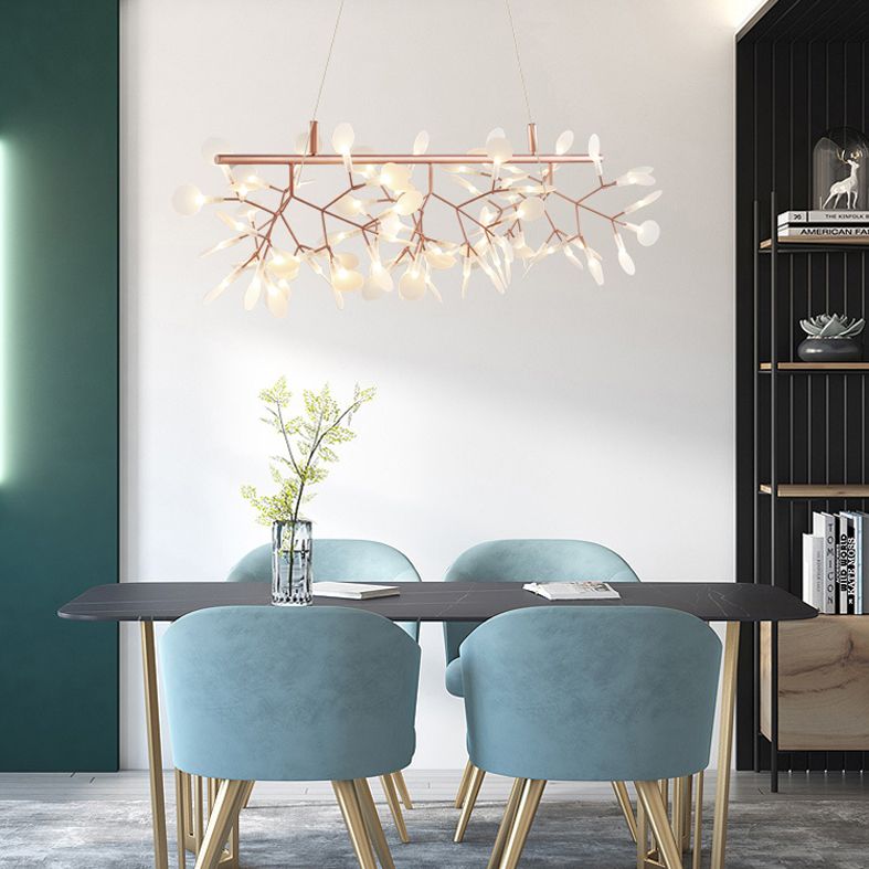 Rose Gold Contemporary Linear Pendant Lighting Fixtures Crystal Island Chandelier Light for Dining Room