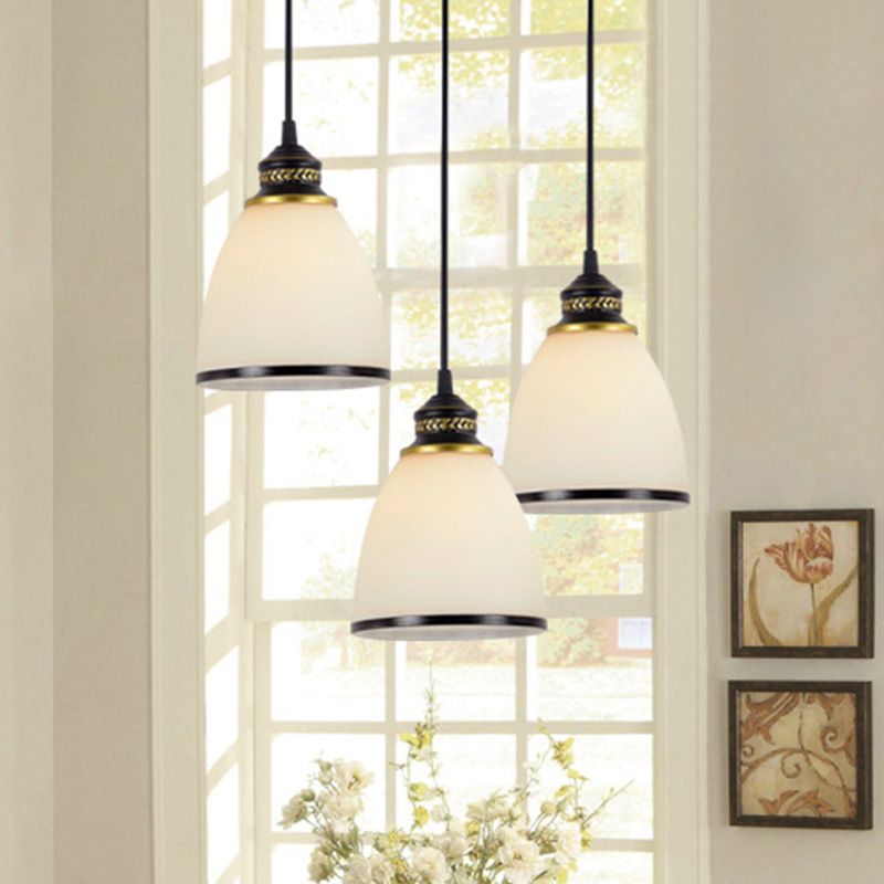 Traditional Bell Shade Multi Ceiling Light Cream Glass Suspension Lighting for Living Room