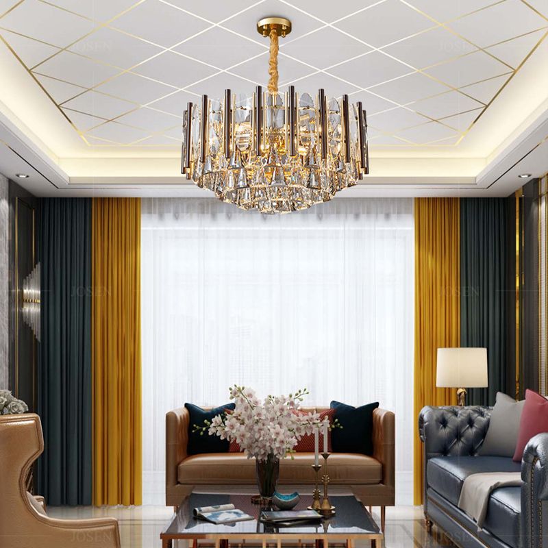 Cylinder Pendant Chandelier Contemporary Crystal 6/9 Heads Black Ceiling Hanging Light, 19.5"/23.5" Wide